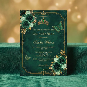 Smaragd Gouden Bloem Vlinder Quinceañera Kaart