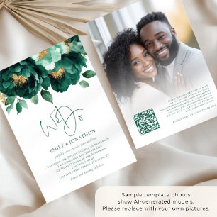 Smaragd Gouden Bloemen Foto QR Code Bruiloft Kaart