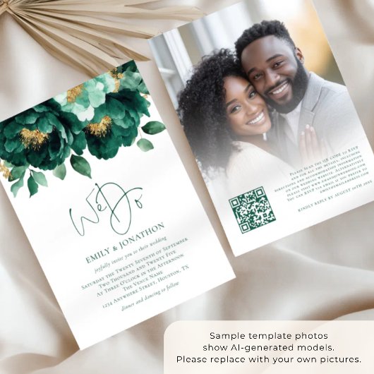 Smaragd Gouden Bloemen Foto QR Code Bruiloft Kaart