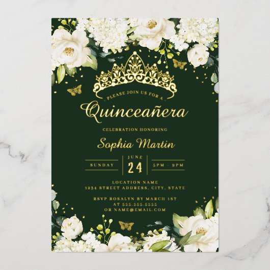 Smaragd Gouden Champagne Bloemen Quinceanera Folie Uitnodiging (Voorkant)