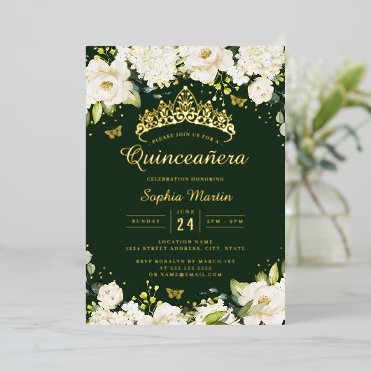 Smaragd Gouden Champagne Bloemen Quinceanera Folie Uitnodiging (Staand Voorkant)