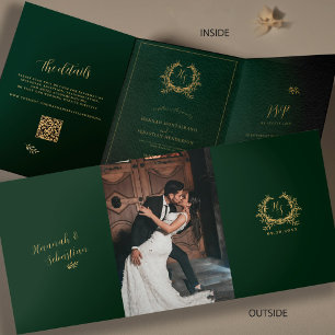 Smaragd & Gouden Monogram Foto QR Code RSVP Detail Drieluik Kaart