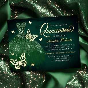 Smaragd Gouden Vlinder Jurk Quinceanera  Folie Uitnodiging