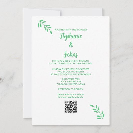 Smaragd Groen Blad Script Wit QR Code Bruiloft Kaart (Voorkant)