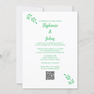 Smaragd Groen Blad Script Wit QR Code Bruiloft Kaart