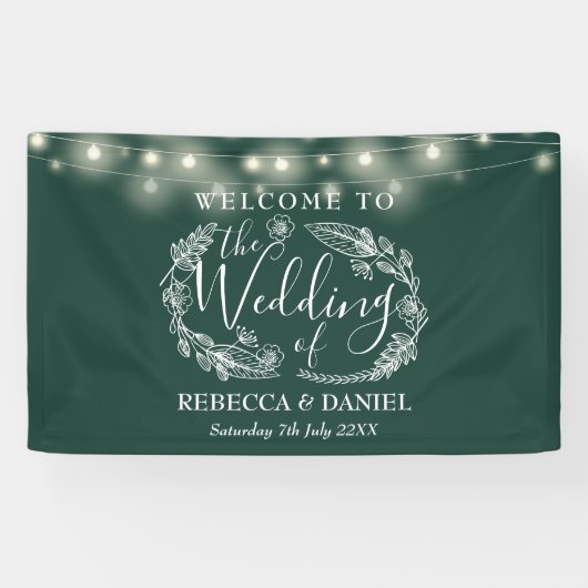 Smaragd Groen Bloemen Garland Script Bruiloft Spandoek (Horizontaal)