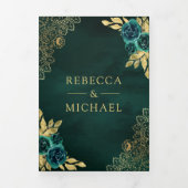 Smaragd Groen Bloemen Goud Kant QR Code Bruiloft Drieluik Uitnodiging (Cover)