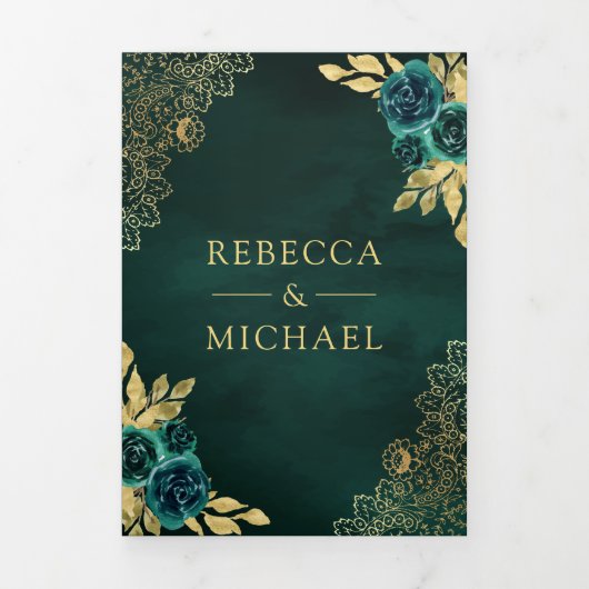 Smaragd Groen Bloemen Goud Kant QR Code Bruiloft Drieluik Uitnodiging (Cover)