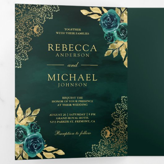 Smaragd Groen Bloemen Goud Kant QR Code Bruiloft Drieluik Uitnodiging (Binnenzijde eerst)