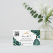 Smaragd Groen Bloemen Goud Quinceañera QR Code Informatiekaartje (Staand voorkant)