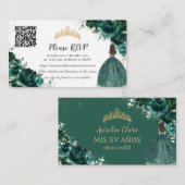Smaragd Groen Bloemen Goud Quinceañera QR Code Informatiekaartje (Voorkant / Achterkant)