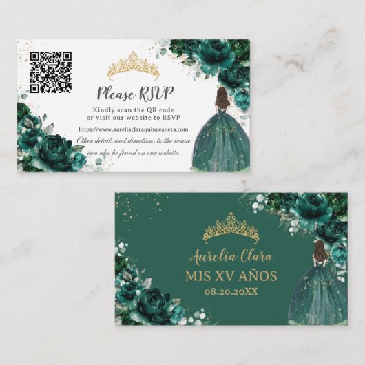 Smaragd Groen Bloemen Goud Quinceañera QR Code Informatiekaartje (Voorkant / Achterkant)