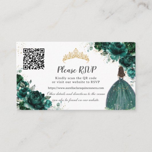 Smaragd Groen Bloemen Goud Quinceañera QR Code Informatiekaartje (Voorkant)