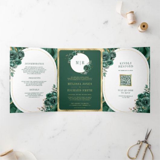 Smaragd Groen Bloemen Marmer Alles in Een Bruiloft Drieluik Uitnodiging (Binnen)
