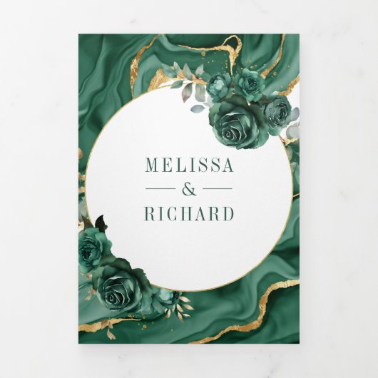 Smaragd Groen Bloemen Marmer Alles in Een Bruiloft Drieluik Uitnodiging (Cover)