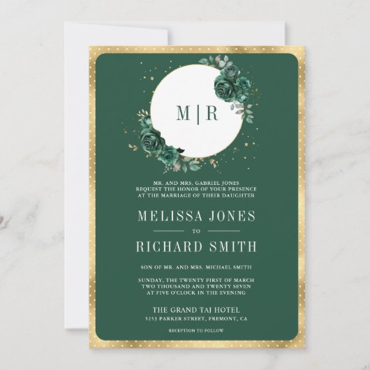 Smaragd Groen Bloemen Marmer Alles in Een Bruiloft Kaart (Voorkant)