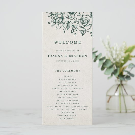 Smaragd groen  botanische bruiloft programma (Staand voorkant)