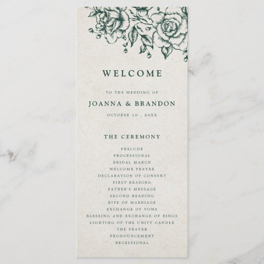 Smaragd groen  botanische bruiloft programma (Voorkant)