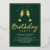 Smaragd Groen en Goud Champagne Verjaardagsfeest Folie Uitnodiging (Voorkant)