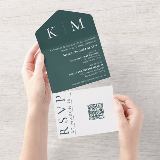 Smaragd Groen en Wit-Monogram-Bruiloft All In One Uitnodiging (Afscheurbaar)