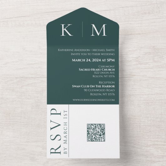 Smaragd Groen en Wit-Monogram-Bruiloft All In One Uitnodiging (Binnen)