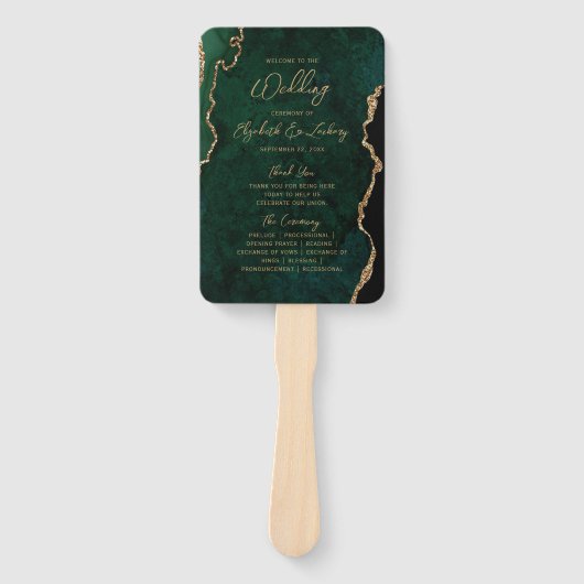 Smaragd Groen Goud Agaat Script Huwelijksprogramma Handwaaier (Voorkant)