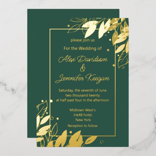 Smaragd Groen Goud bladeren Botanische chique brui Folie Uitnodiging (Voorkant / Achterkant)