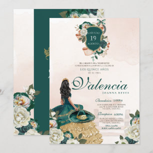 Smaragd Groen Goud Bloemen Crest Charro Quinceaner Kaart