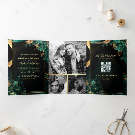 Smaragd Groen Goud Bloemen Marmer QR Code Bruiloft Drieluik Uitnodiging (Binnen)