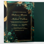 Smaragd Groen Goud Bloemen Marmer QR Code Bruiloft Drieluik Uitnodiging (Binnenzijde eerst)