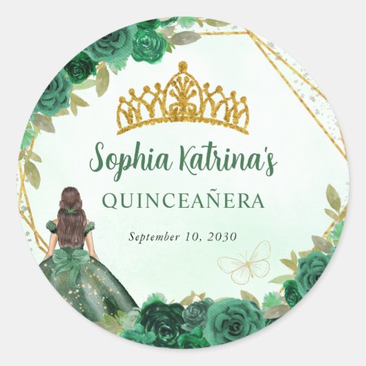 Smaragd Groen Goud Bloemen Prinses Tiara Favor Ronde Sticker (Voorkant)