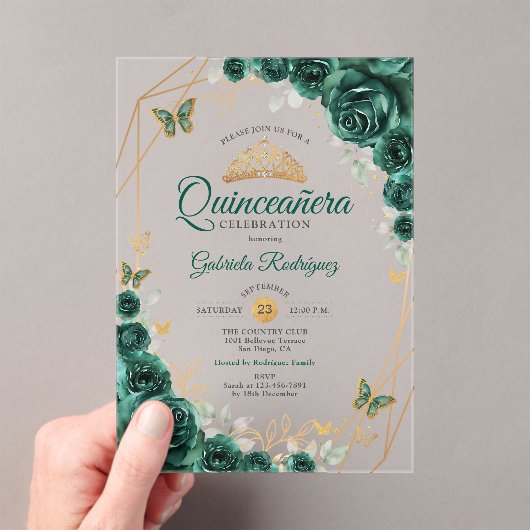 Smaragd Groen Goud Bloemen Quinceanera Acryl Uitnodigingen (Insitu (Draagbaar))