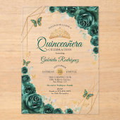 Smaragd Groen Goud Bloemen Quinceanera Acryl Uitnodigingen (Voorkant)
