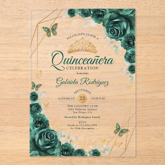 Smaragd Groen Goud Bloemen Quinceanera Acryl Uitnodigingen (Voorkant)