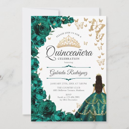Smaragd Groen Goud Bloemen Quinceanera Kaart (Voorkant)