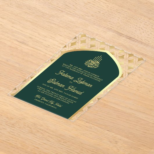 Smaragd Groen Goud Diamanten Boog Moslim Bruiloft Acryl Uitnodigingen (Laagn)