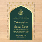 Smaragd Groen Goud Diamanten Boog Moslim Bruiloft Acryl Uitnodigingen (Voorkant)