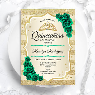 Smaragd Groen Goud Elegant Bloemen Quinceanera Kaart