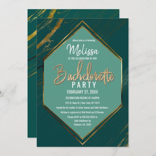 Smaragd Groen Goud Geometrisch Marmer Bachelorette Kaart (Voorkant / Achterkant)