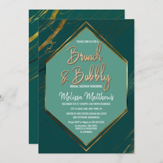 Smaragd Groen Goud Geometrisch Marmeren Brunch Bub Kaart (Voorkant / Achterkant)