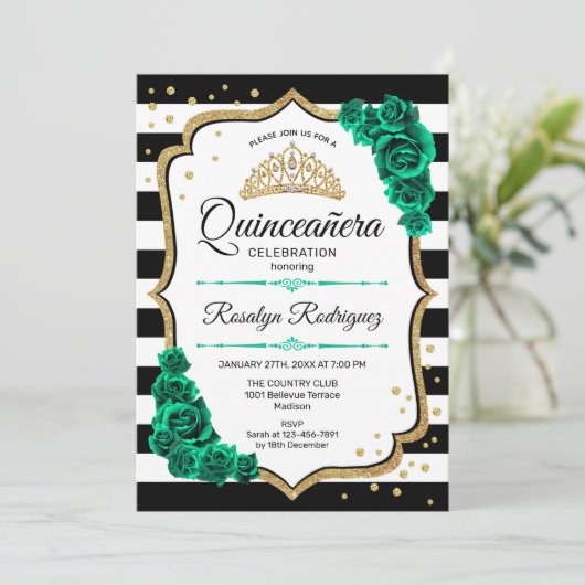 Smaragd Groen Goud Wit Quinceanera Kaart (Staand voorkant)