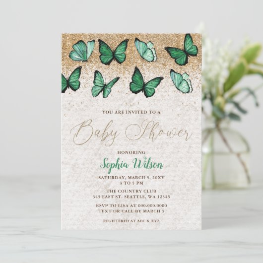 Smaragd Groen Gouden Glitter Vlinder Baby shower Kaart (Staand voorkant)