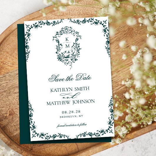 Smaragd Groen Monogram Crest Bruiloft Save The Date