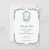 Smaragd Groen Monogram Crest Bruiloft Save The Date (Voorkant)