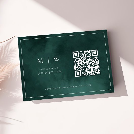 Smaragd Groen Monogram & Grens QR Code Bruiloft RSVP Kaartje