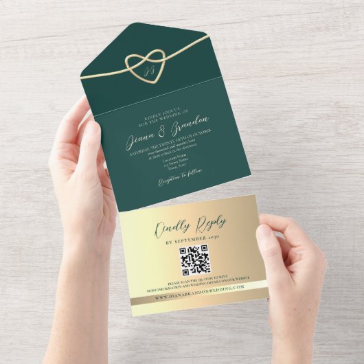 Smaragd Groen Monogram Huwelijk QR Code All In One Uitnodiging (Afscheurbaar)
