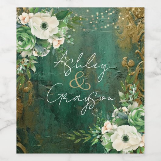 Smaragd Groen Romantisch Bloemen Bruiloft Wijn Etiket (Enkel label)