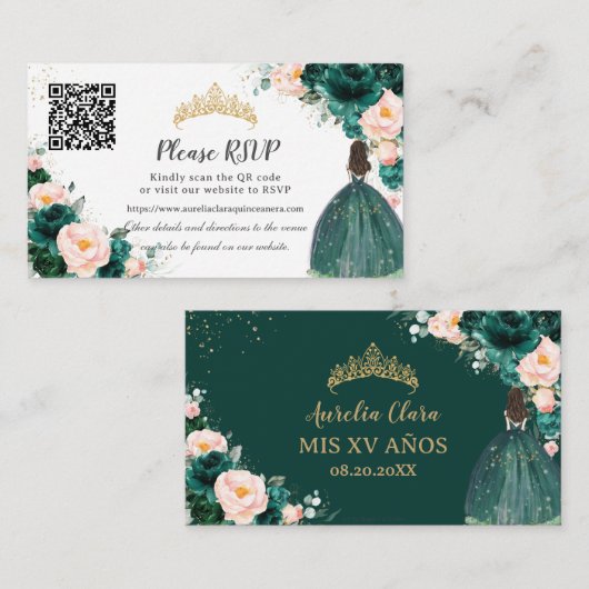Smaragd Groene Blush Bloemen Quinceañera QR Code Informatiekaartje (Voorkant / Achterkant)