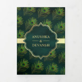 Smaragd Groene Peacock Veren QR Code Bruiloft Drieluik Uitnodiging (Cover)