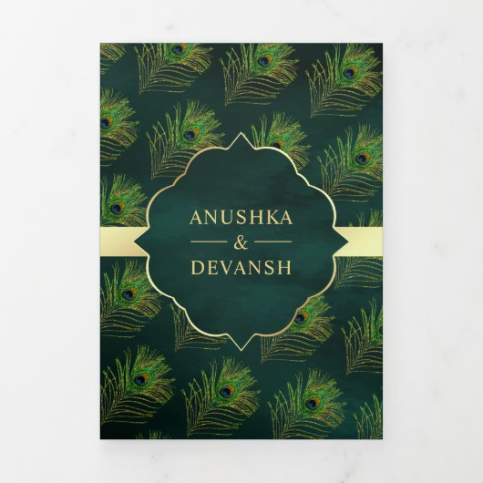 Smaragd Groene Peacock Veren QR Code Bruiloft Drieluik Uitnodiging (Cover)